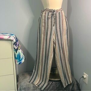 Susan Graver L Multicolor Striped Linen Blend Pull-on Pants w/ Drawstring Tie